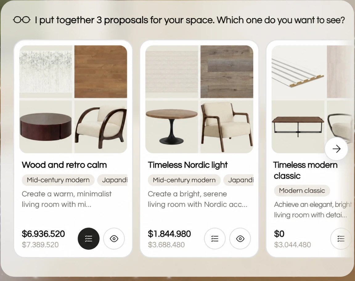 Kou shows three proposals for a living room, each with a product board, its styles and the total price