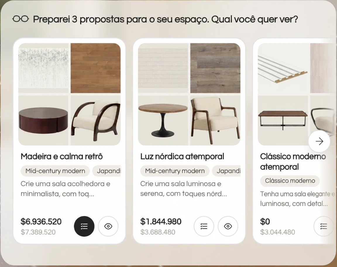 O Kou mostra três propostas para uma sala, cada uma com um painel de produtos, seus estilos e o preço total