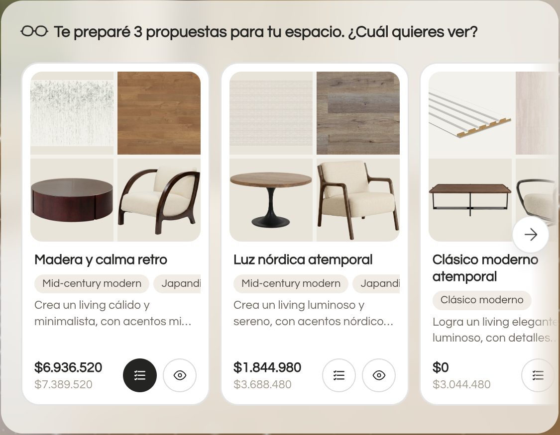 Kou muestra tres propuestas para un living, cada una con un tablero de productos, sus estilos y el precio total