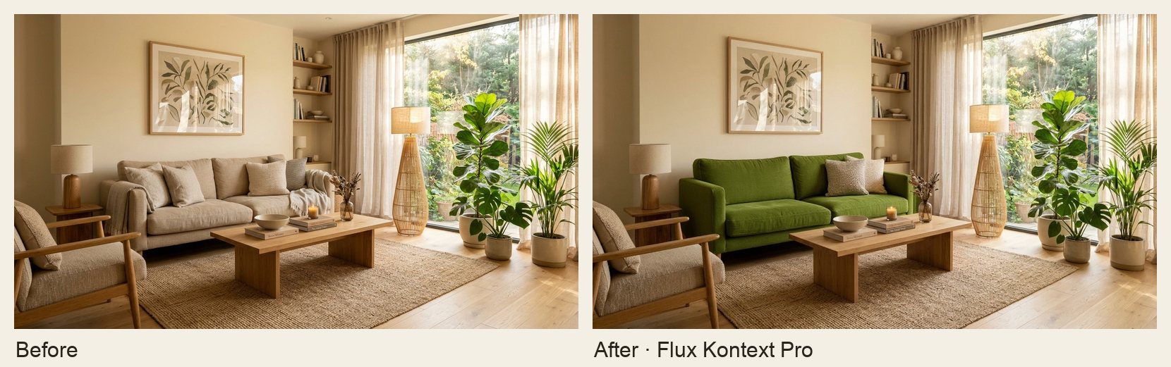 Before and after a targeted change with Flux Kontext Pro: the same living room with the beige sofa and then with the olive green sofa