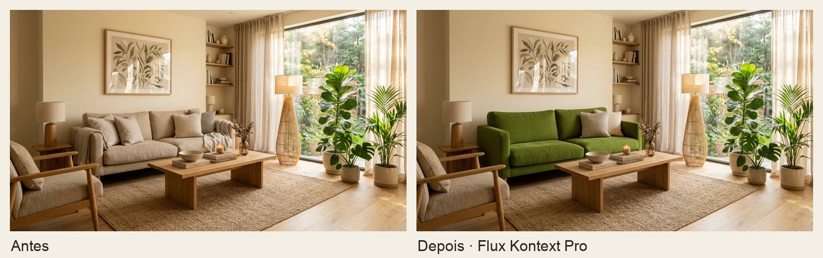 Antes e depois de uma mudança pontual com Flux Kontext Pro: a mesma sala de estar com o sofá bege e depois com o sofá verde-oliva