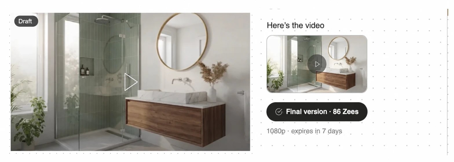 Bathroom video on the board with the Draft label and, next to it, the Final version button in the chat with its cost in Zees and the notice that it expires in 7 days