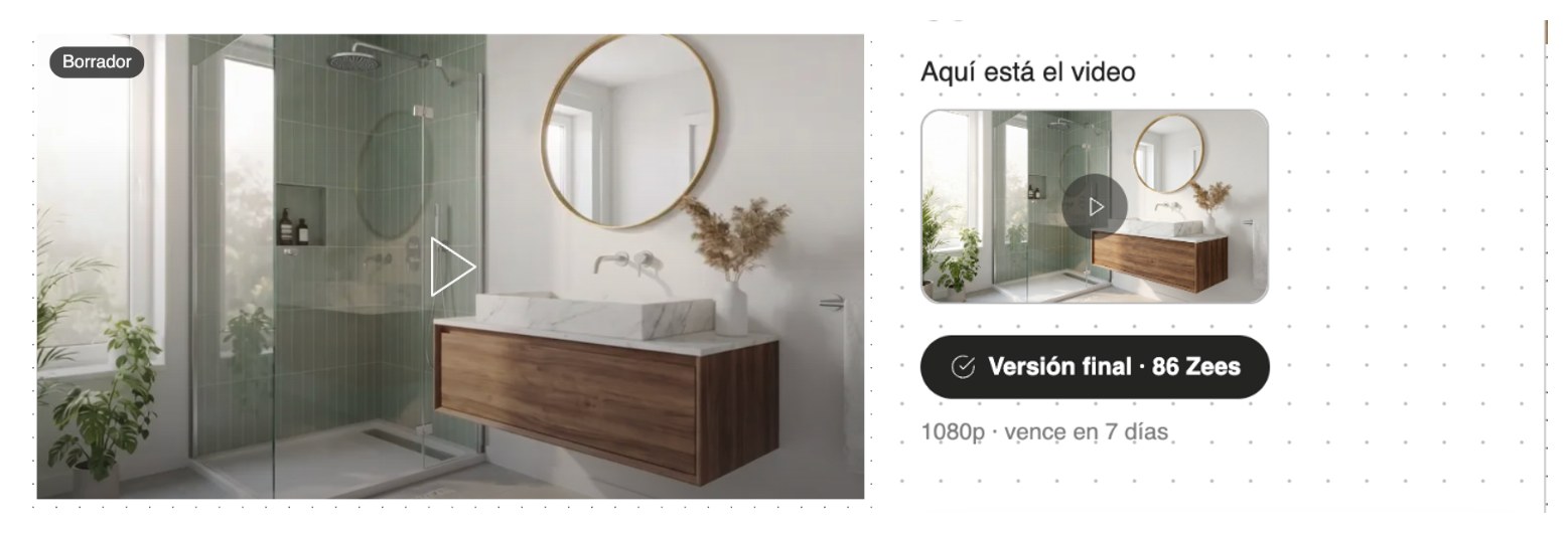 Video del baño en el tablero con la etiqueta Borrador y, al lado, el botón Versión final en el chat con su costo en Zees y el aviso de que vence en 7 días