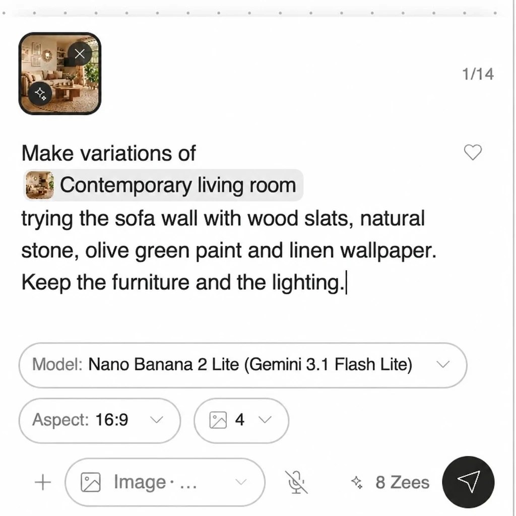Prompt in the Kou chat mentioning a living room on the board, Nano Banana 2 Lite model, 16:9 aspect ratio, 4 images and a cost of 8 Zees