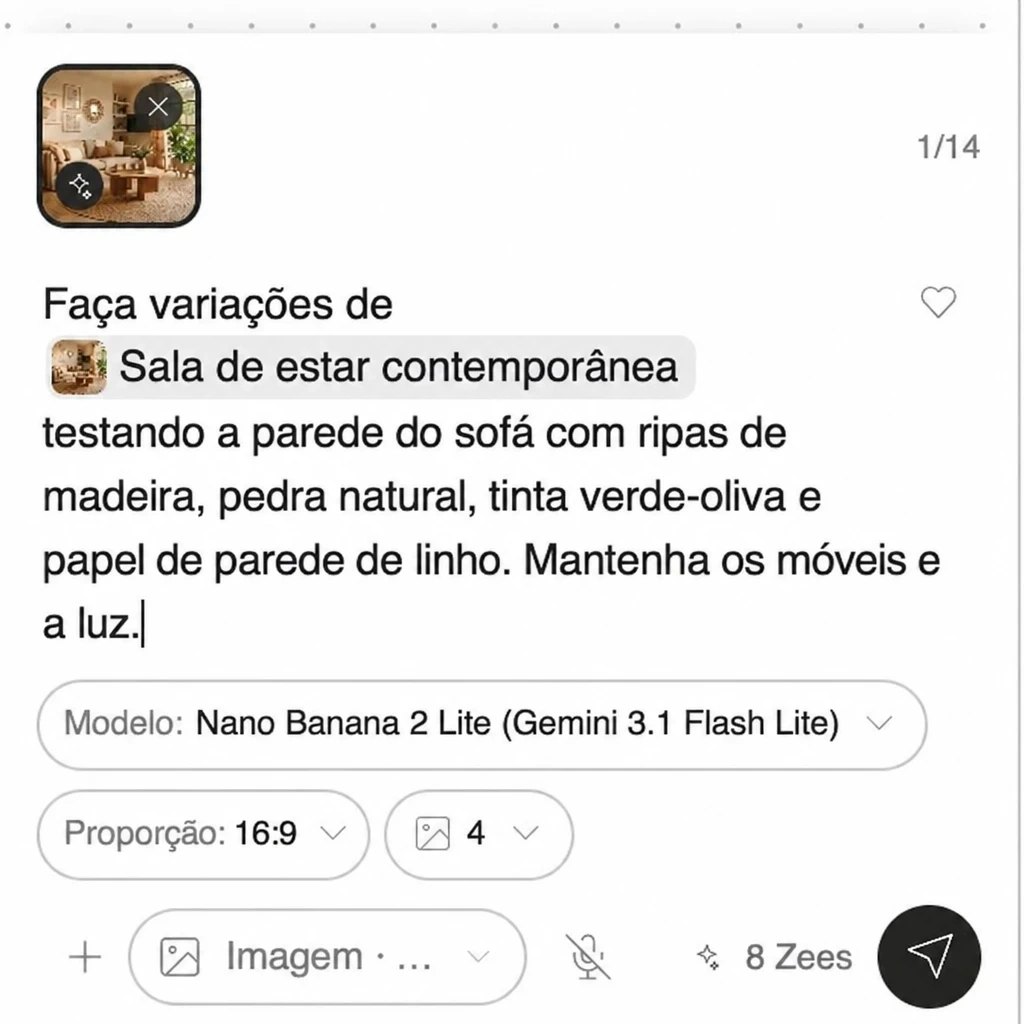 Prompt no chat do Kou com a menção a uma sala de estar do quadro, modelo Nano Banana 2 Lite, proporção 16:9, 4 imagens e um custo de 8 Zees