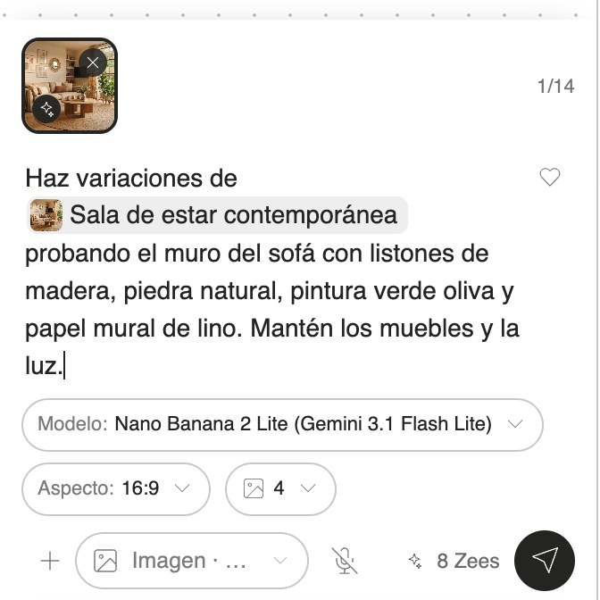 Prompt en el chat de Kou con la mención a una sala del tablero, modelo Nano Banana 2 Lite, aspecto 16:9, 4 imágenes y un costo de 8 Zees