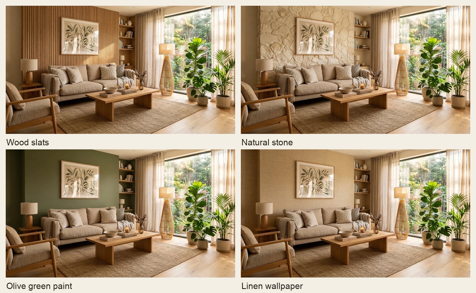 Four variations of the same living room with the sofa wall in wood slats, natural stone, olive green paint and linen wallpaper