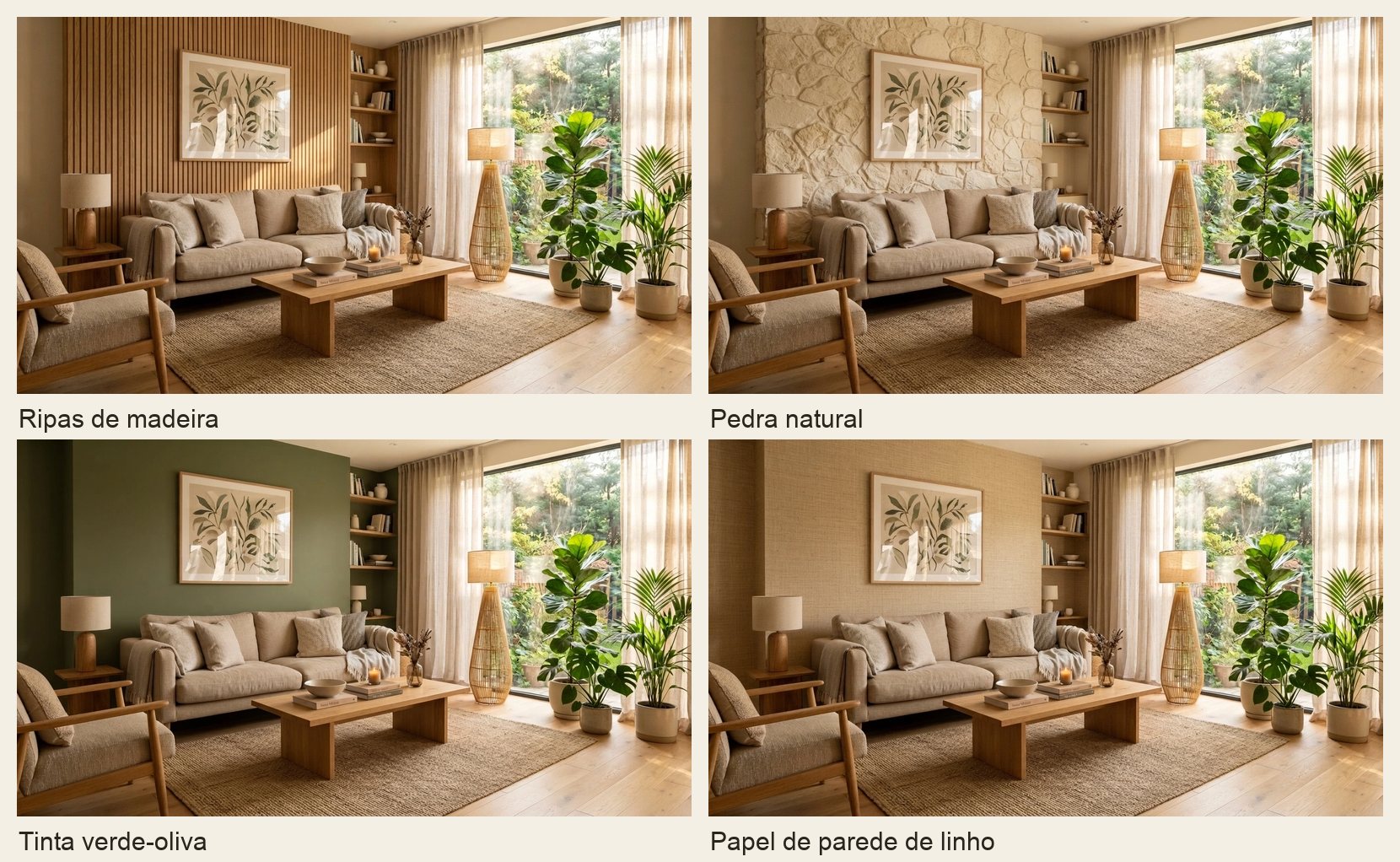 Quatro variações da mesma sala de estar com a parede do sofá em ripas de madeira, pedra natural, pintura verde-oliva e papel de parede de linho