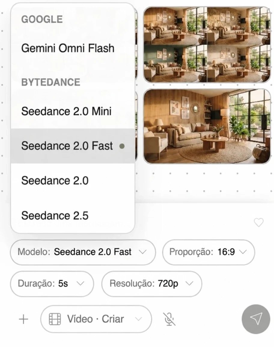 Seletor de modelos de vídeo com Gemini Omni Flash e a família Seedance: 2.0 Mini, 2.0 Fast, 2.0 e 2.5