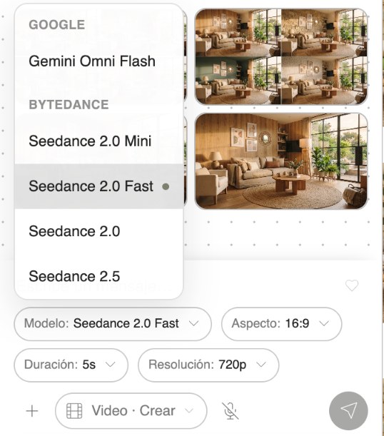 Selector de modelos de video con Gemini Omni Flash y la familia Seedance: 2.0 Mini, 2.0 Fast, 2.0 y 2.5