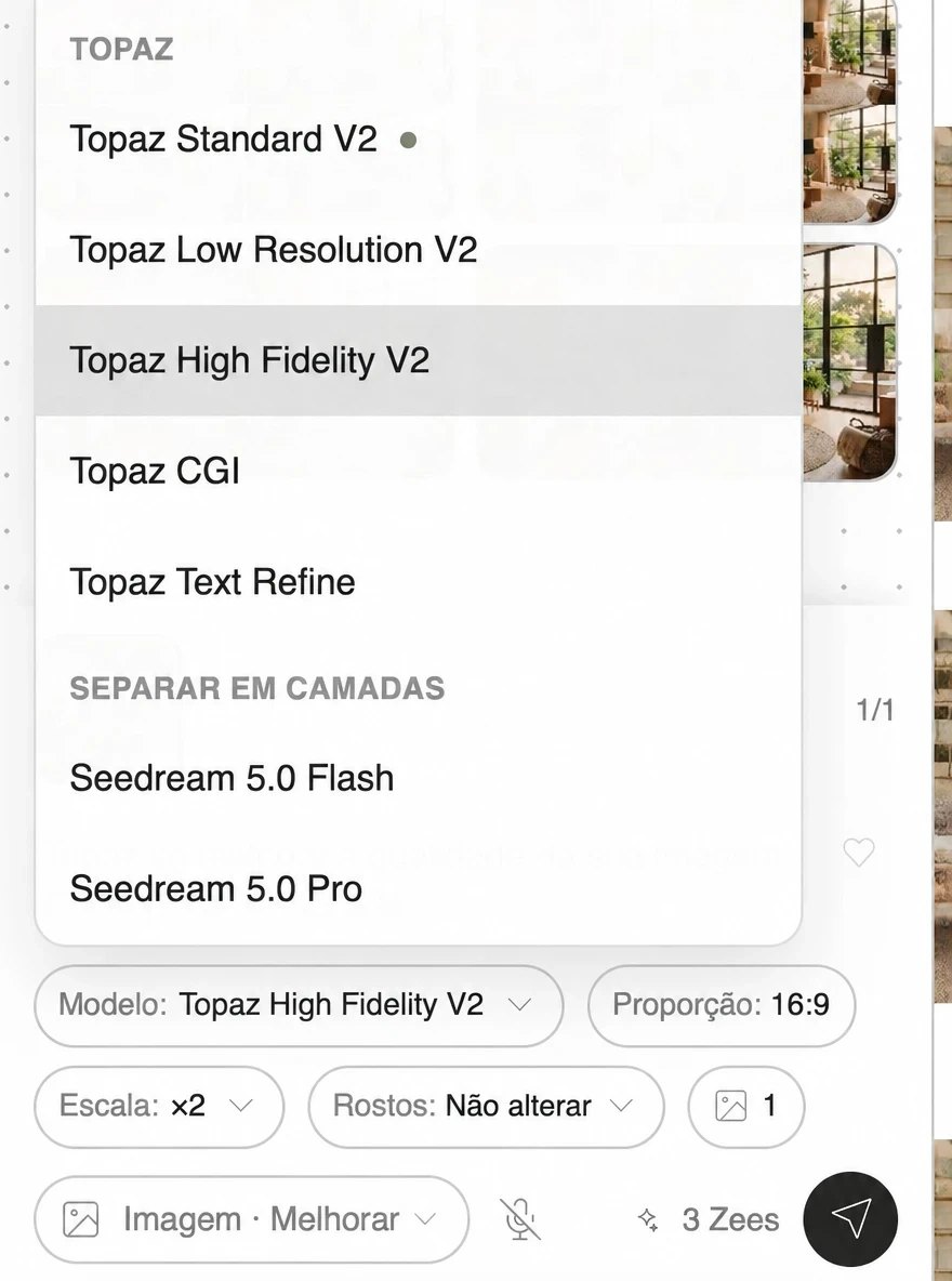 Seletor de modelos no modo Melhorar com os cinco modos do Topaz e as duas opções de Separar em camadas, Seedream 5.0 Flash e Seedream 5.0 Pro, mais a escala ×2
