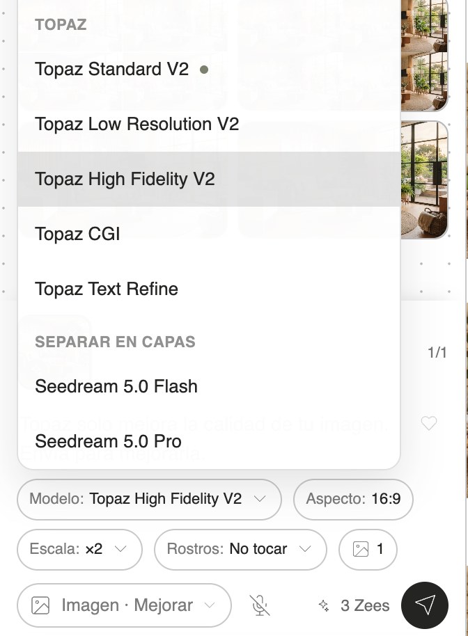 Selector de modelos en modo Mejorar con los cinco modos de Topaz y las dos opciones de Separar en capas, Seedream 5.0 Flash y Seedream 5.0 Pro, más la escala ×2