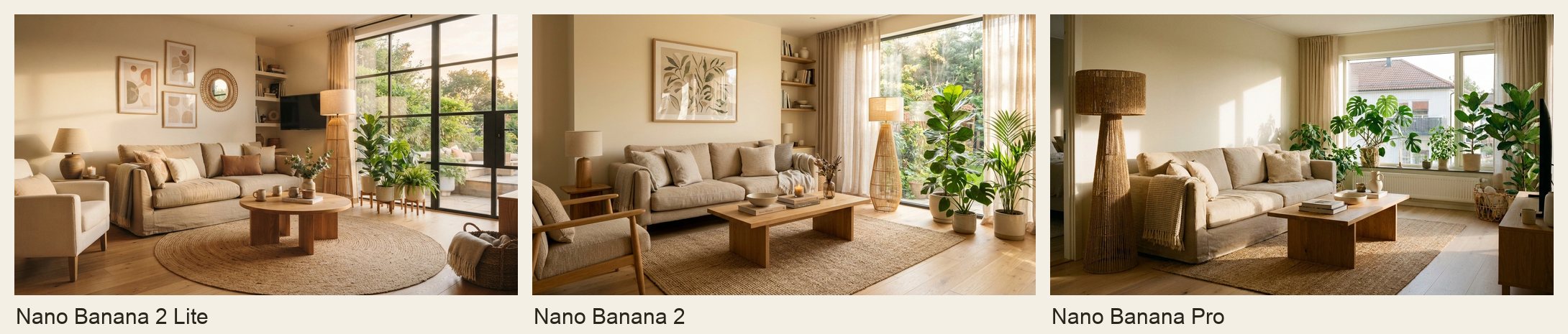 La misma sala generada con Nano Banana 2 Lite, Nano Banana 2 y Nano Banana Pro, una al lado de la otra