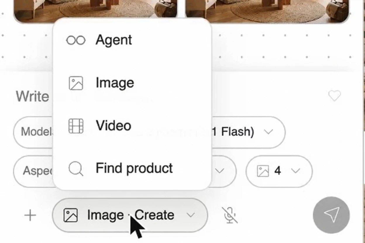 Kou agent mode menu with the options Agent, Image, Video and Search product