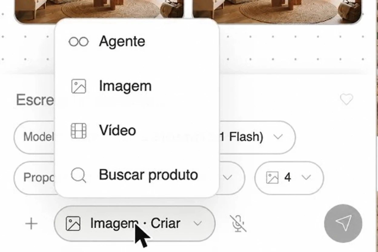 Menu de modos do agente Kou com as opções Agente, Imagem, Vídeo e Buscar produto