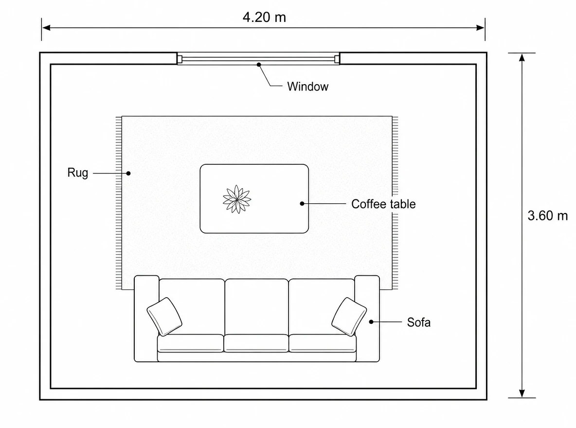 Floor plan of a 4.20 by 3.60 meter living room made with GPT Image 2, with the sofa, coffee table, rug and window labeled and the measurements readable