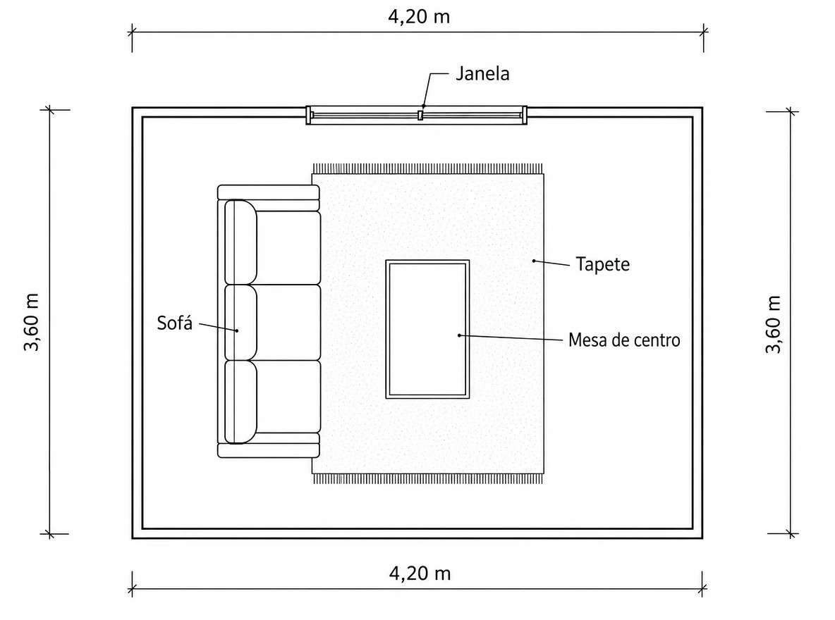 Planta baixa de uma sala de estar de 4,20 por 3,60 metros feita com GPT Image 2, com sofá, mesa de centro, tapete e janela identificados e as medidas legíveis