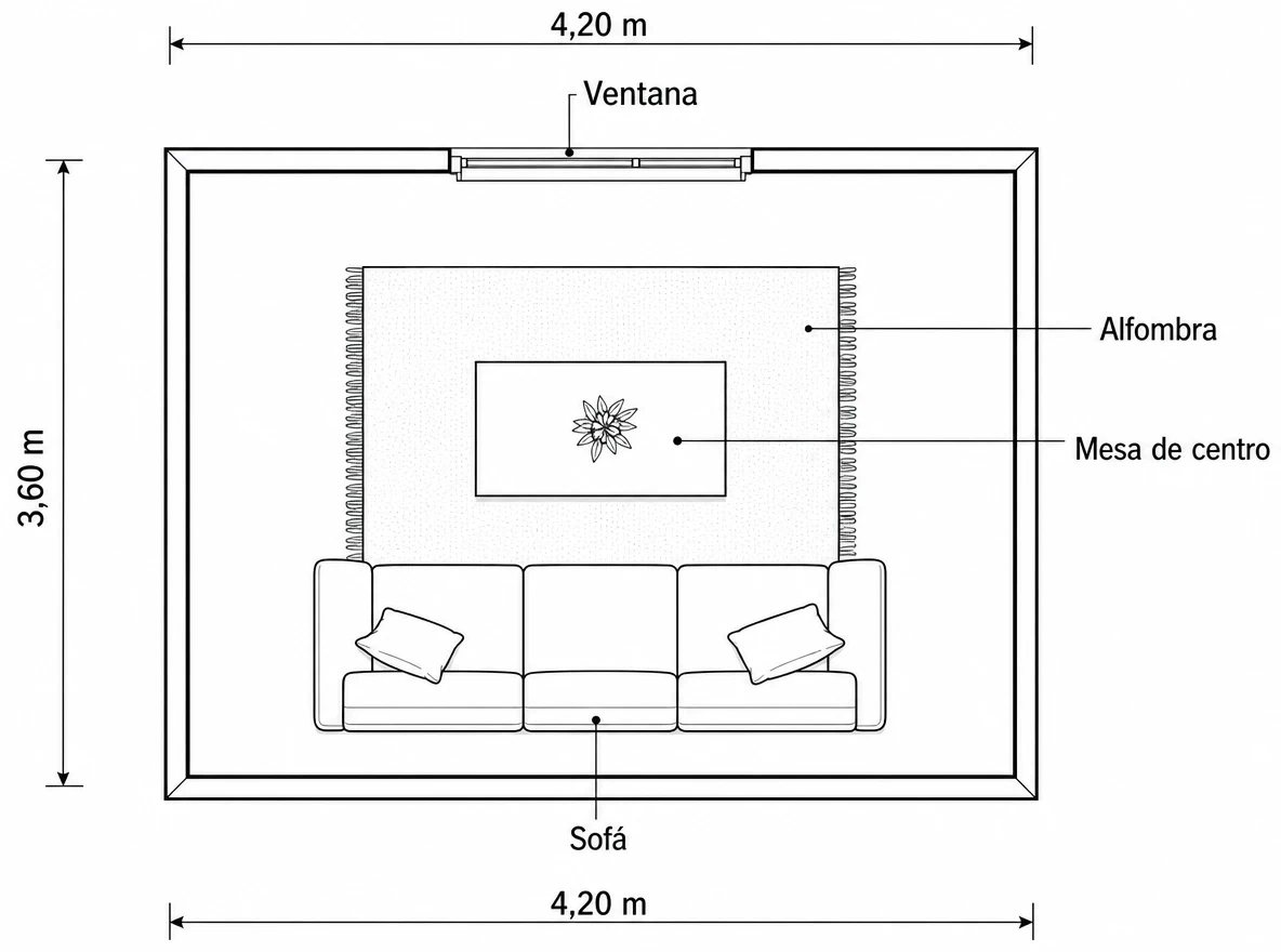 Plano de planta de una sala de 4,20 por 3,60 metros hecho con GPT Image 2, con sofá, mesa de centro, alfombra y ventana rotulados y las medidas legibles