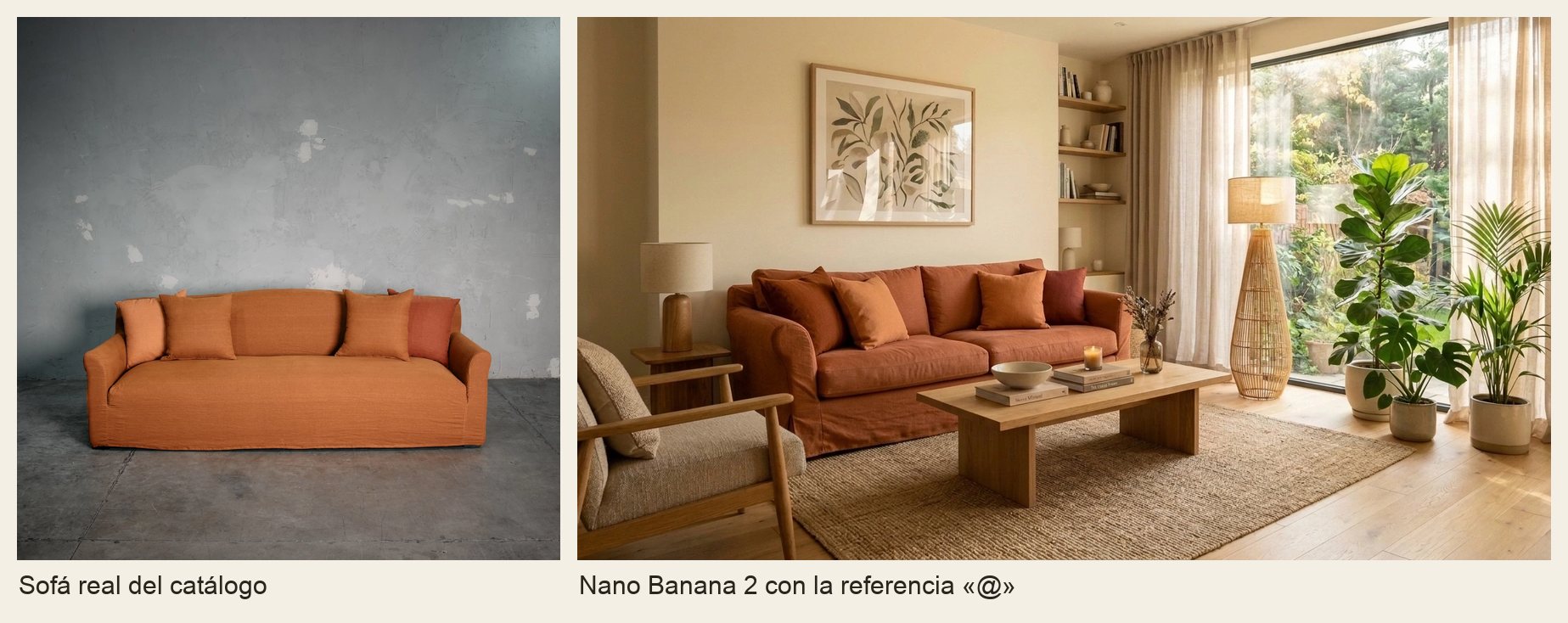 A la izquierda, la foto de un sofá terracota del catálogo; a la derecha, la misma sala con ese sofá integrado por Nano Banana 2