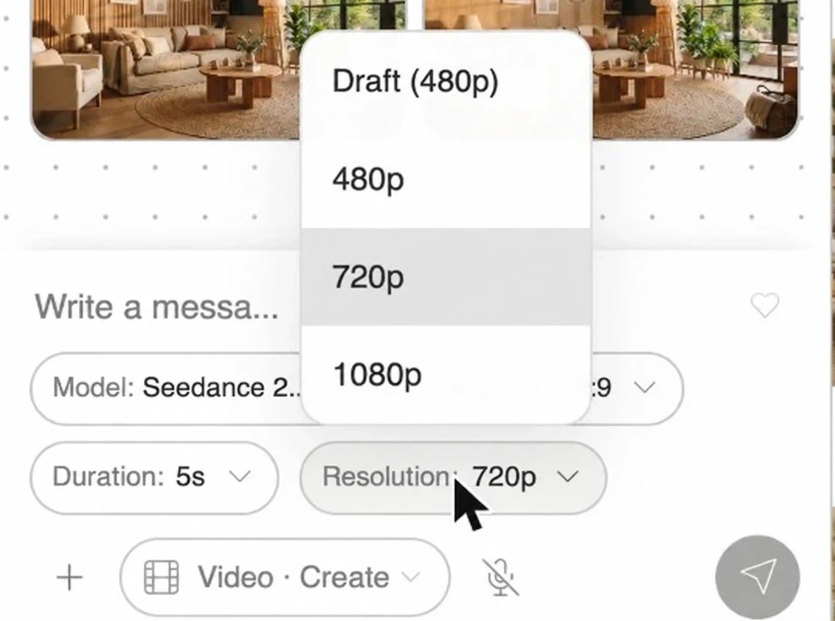 Video resolution selector with the options Draft (480p), 480p, 720p and 1080p