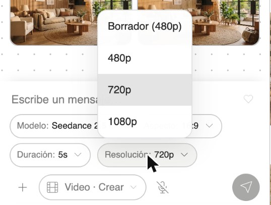 Selector de resolución de video con las opciones Borrador (480p), 480p, 720p y 1080p