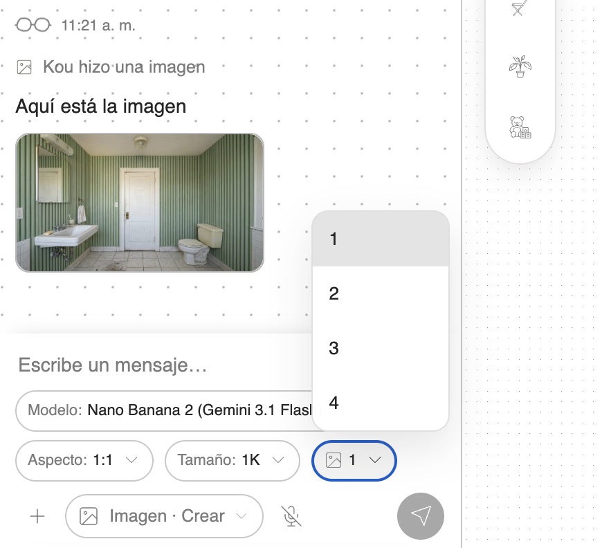 Selector para elegir cuántas imágenes generar, de 1 a 4, en el chat del tablero de Kouzee