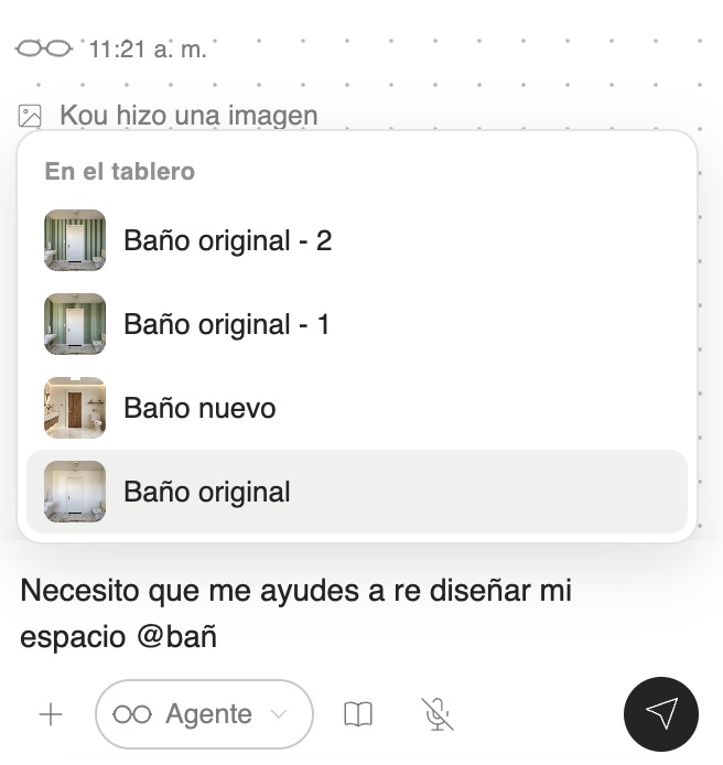 Conversación con Kou: al escribir @bañ aparece la lista de elementos del tablero, entre ellos Baño original, Baño original - 1 y Baño nuevo