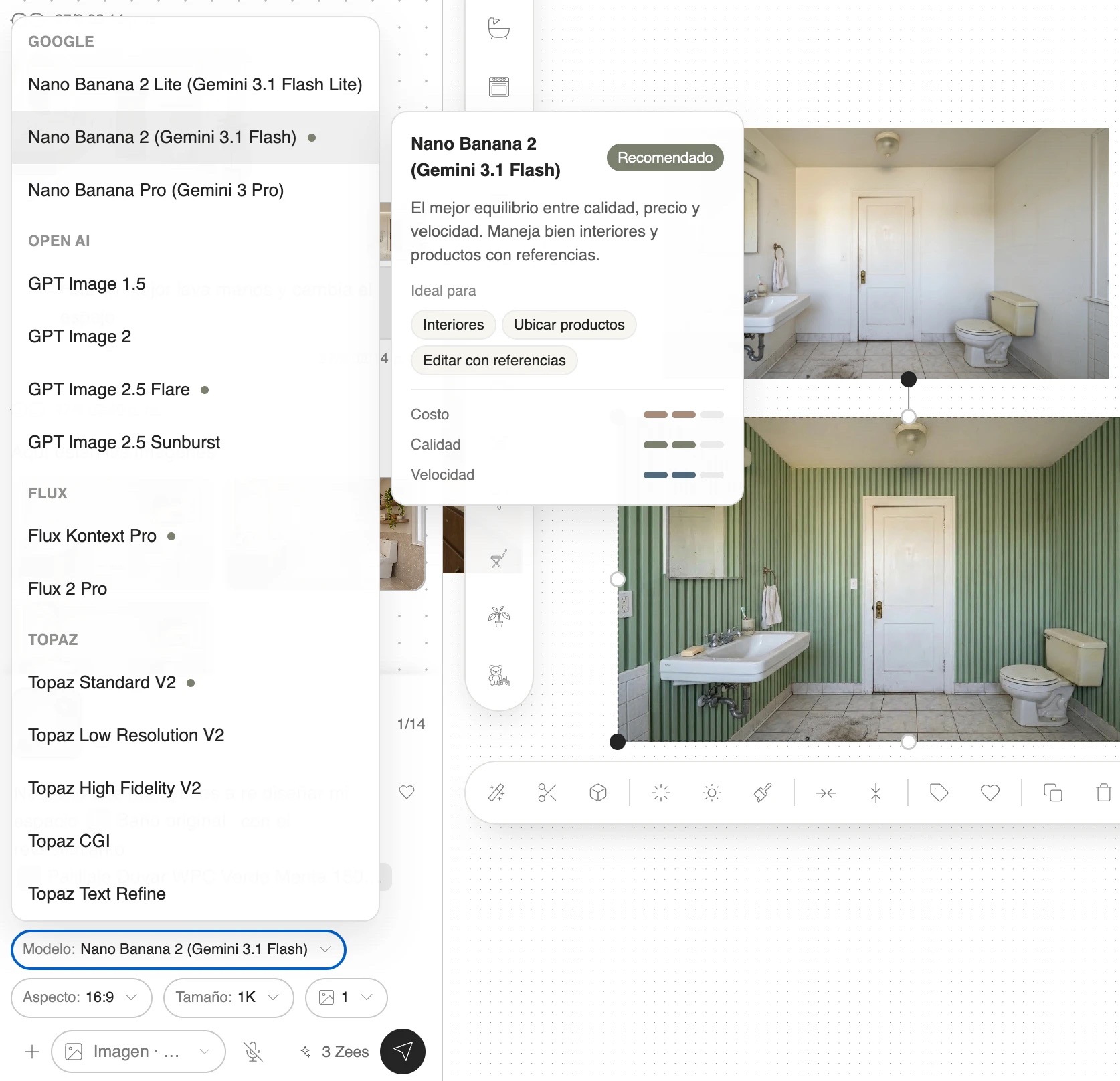 Selector de modelos de Kouzee agrupado por Google, OpenAI, Flux y Topaz, con la ficha de Nano Banana 2: ideal para interiores, ubicar productos y editar con referencias