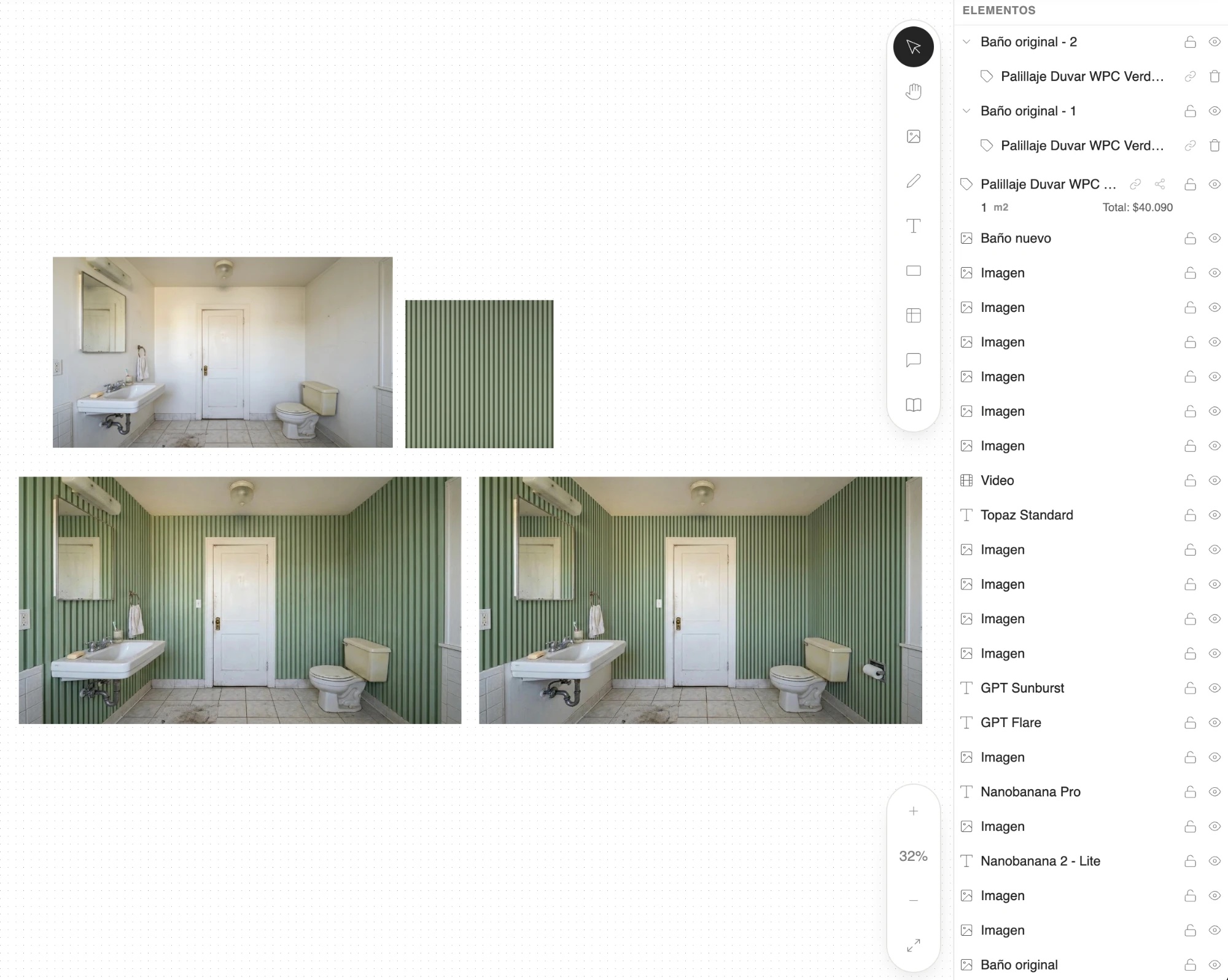 Tablero con la foto del baño original, el revestimiento verde y dos versiones generadas, y la lista de elementos con Baño original, Baño original - 1 y Baño original - 2
