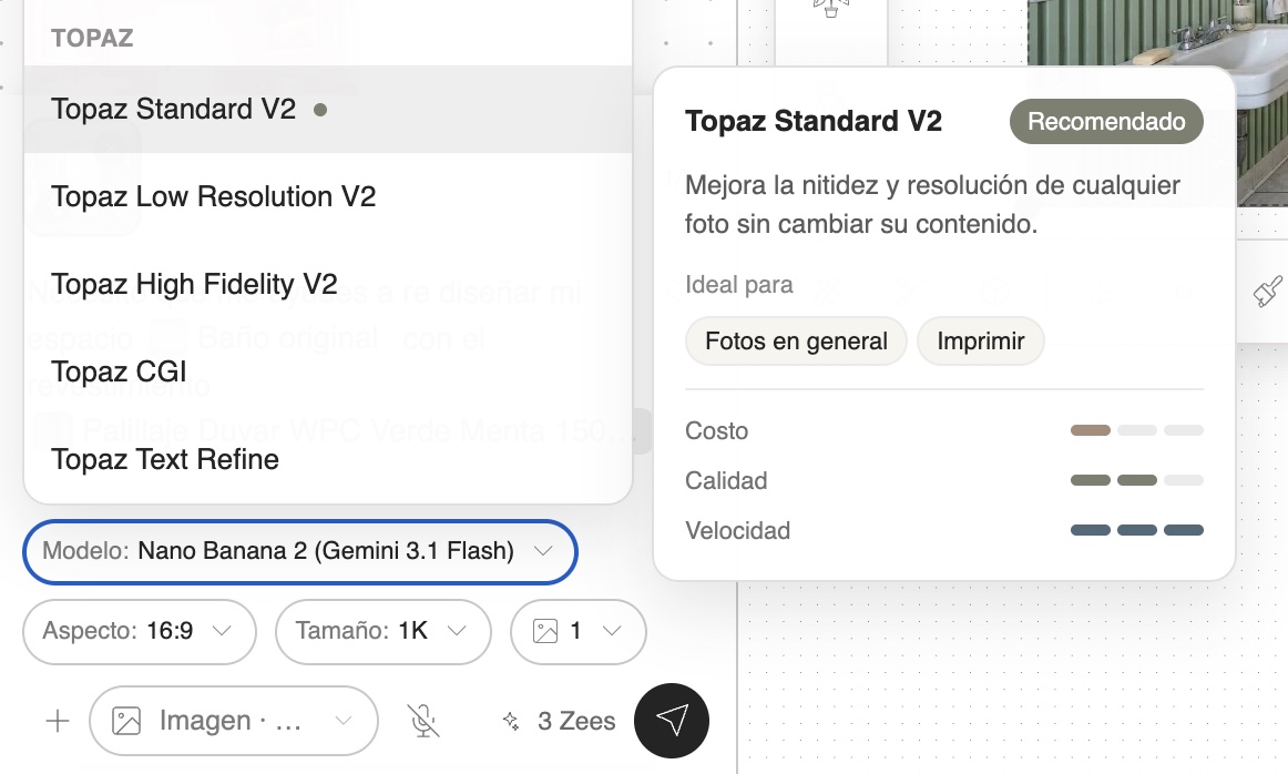 Modos de Topaz en el selector de modelos, con la ficha de Topaz Standard V2: mejora la nitidez y resolución de cualquier foto sin cambiar su contenido