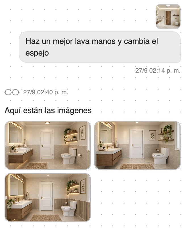 Tres variaciones de un baño con nuevo lavamanos y espejo, juntas en un mismo mensaje del chat