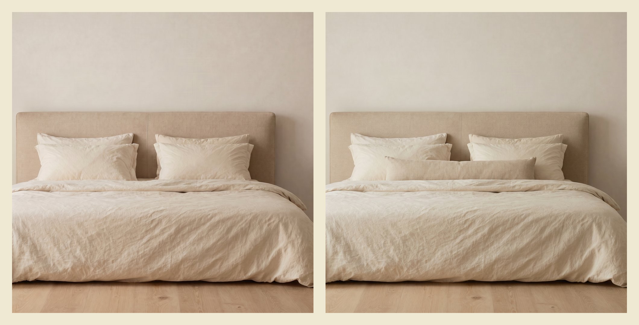 A la izquierda, la misma cama sin cojín largo: queda un hoyo al centro. A la derecha, con el cojín de 55 × 110 cm cruzando ese vacío