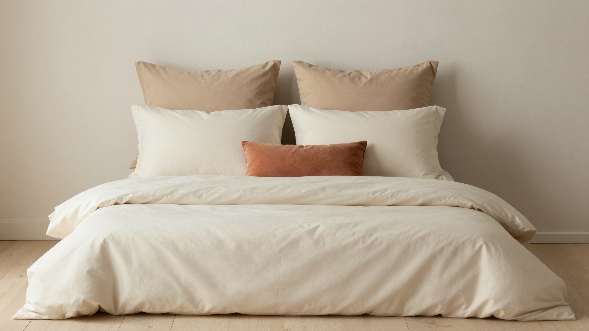 Cama con escala de tonos: almohadones arena atrás, almohadas más claras adelante y un cojín terracota como acento