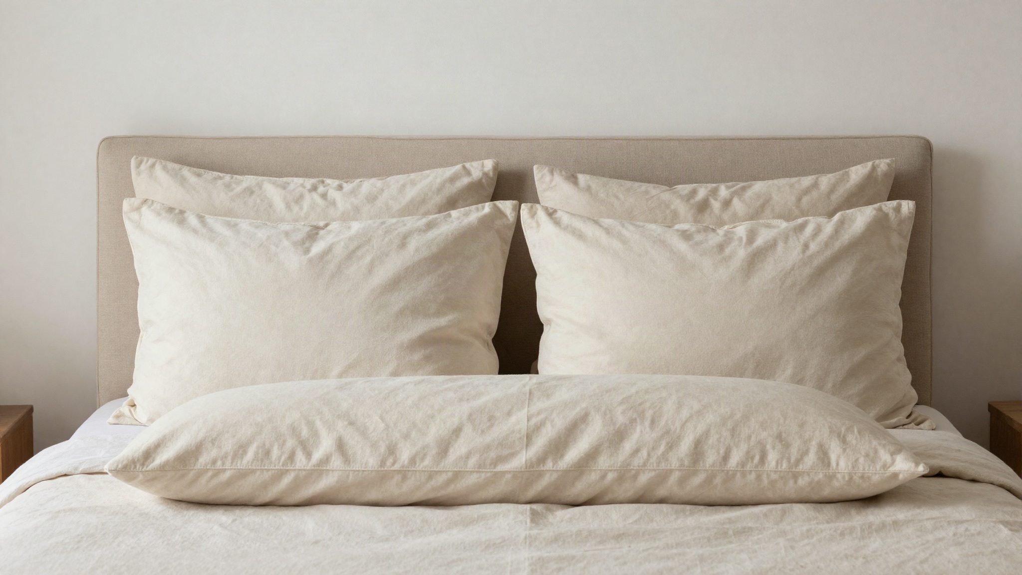 Cabecera de una cama con dos corridas: almohadones apoyados al respaldo atrás, almohadas de dormir adelante y un cojín largo cruzando el centro
