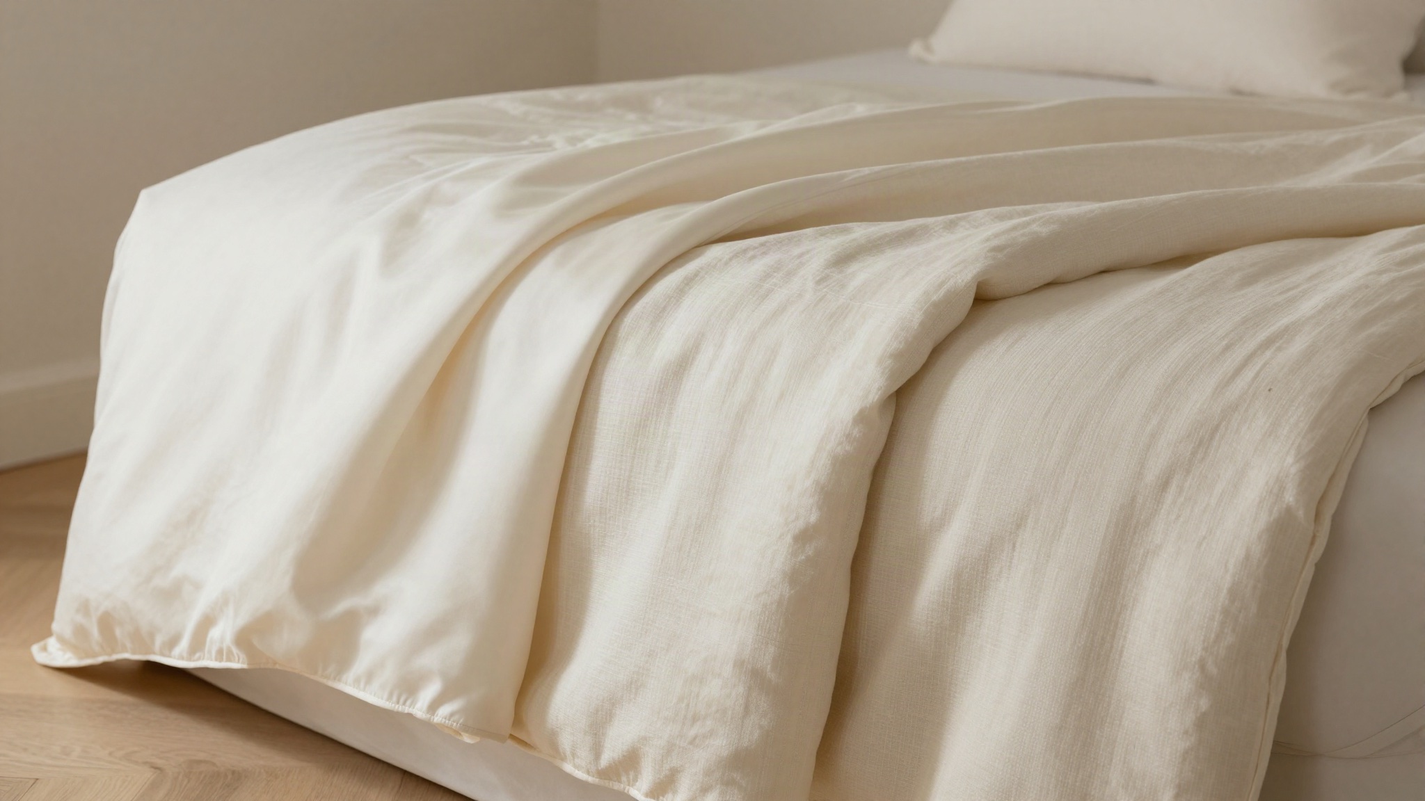 Tres ropas de cama del mismo tono crema con tramas distintas: percal, satinado y lino