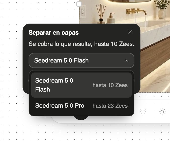 Menú de modelos de Separar en capas: Seedream 5.0 Flash hasta 10 Zees y Seedream 5.0 Pro hasta 23 Zees