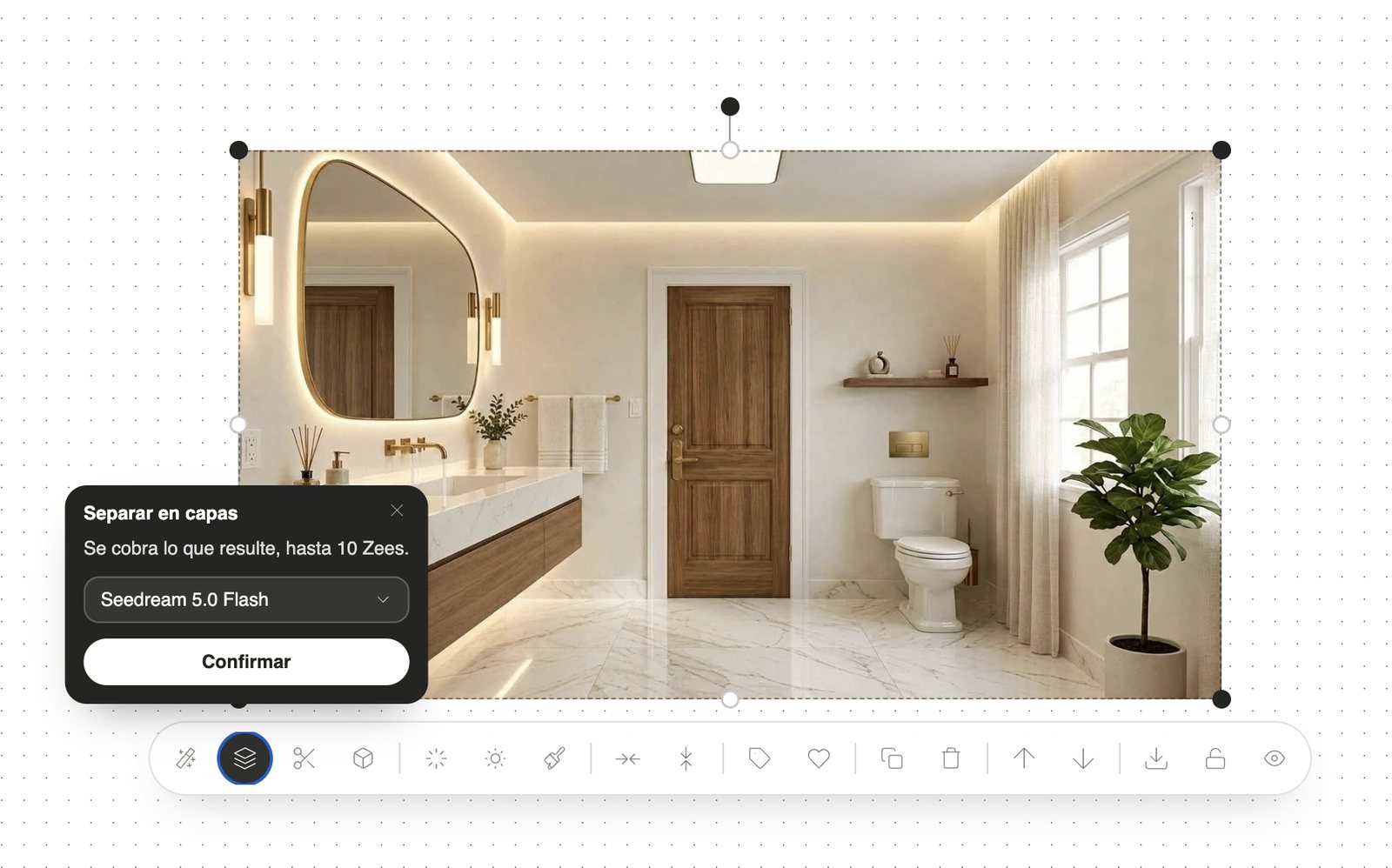 Render de un baño seleccionado en el tablero de Kouzee, con la ventana «Separar en capas» abierta, el modelo Seedream 5.0 Flash elegido y el botón Confirmar