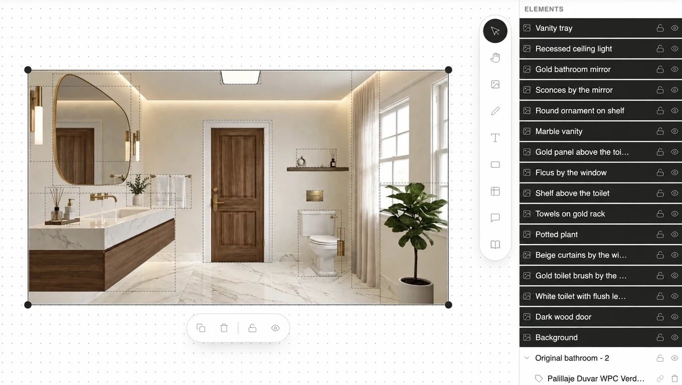 Bathroom separated into layers: each piece outlined with dotted lines and the list of elements with their names
