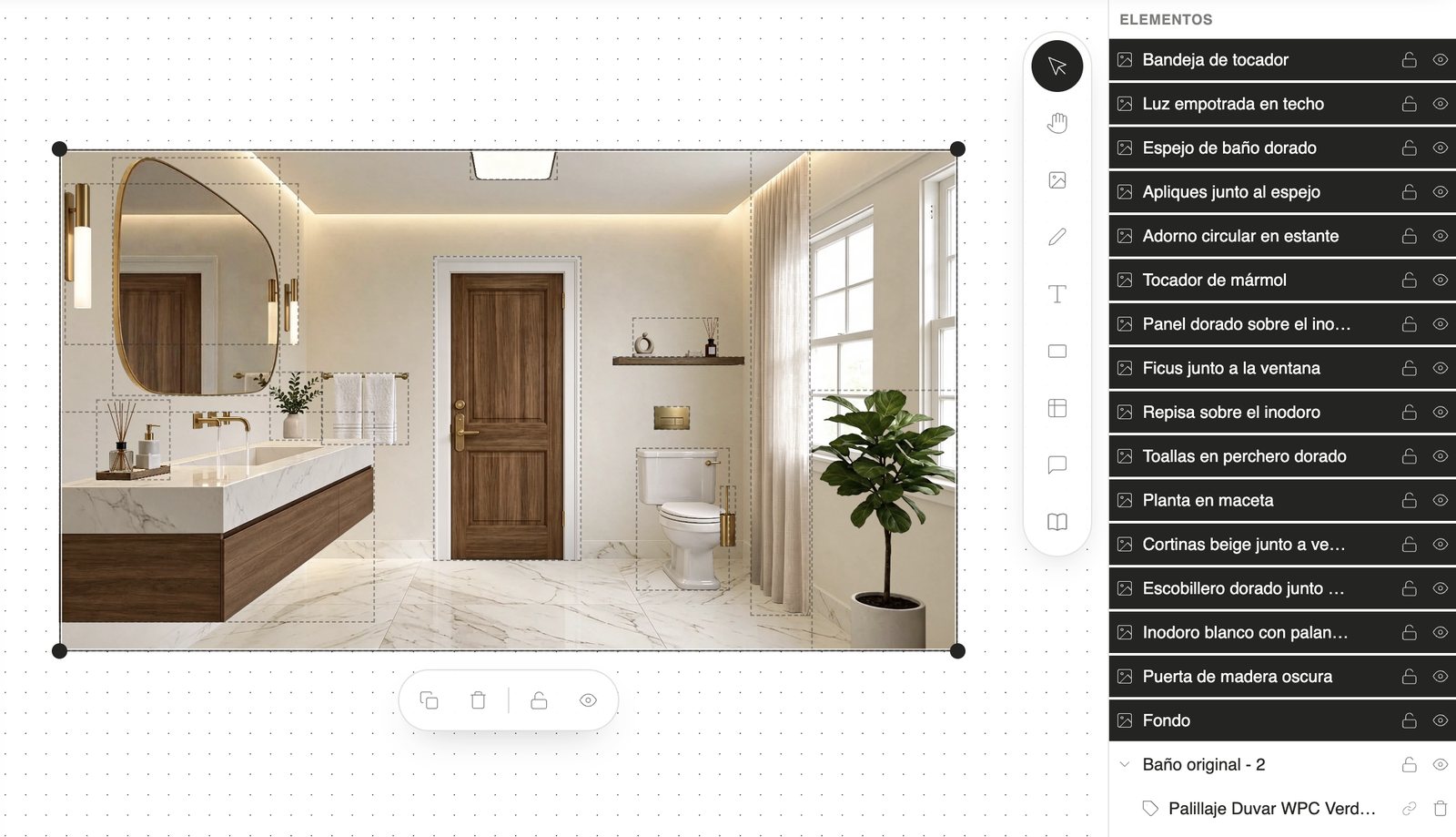 Baño separado en capas: cada pieza marcada con líneas punteadas sobre la imagen y, a la derecha, la lista de elementos con nombres como Espejo de baño dorado, Tocador de mármol y Ficus junto a la ventana